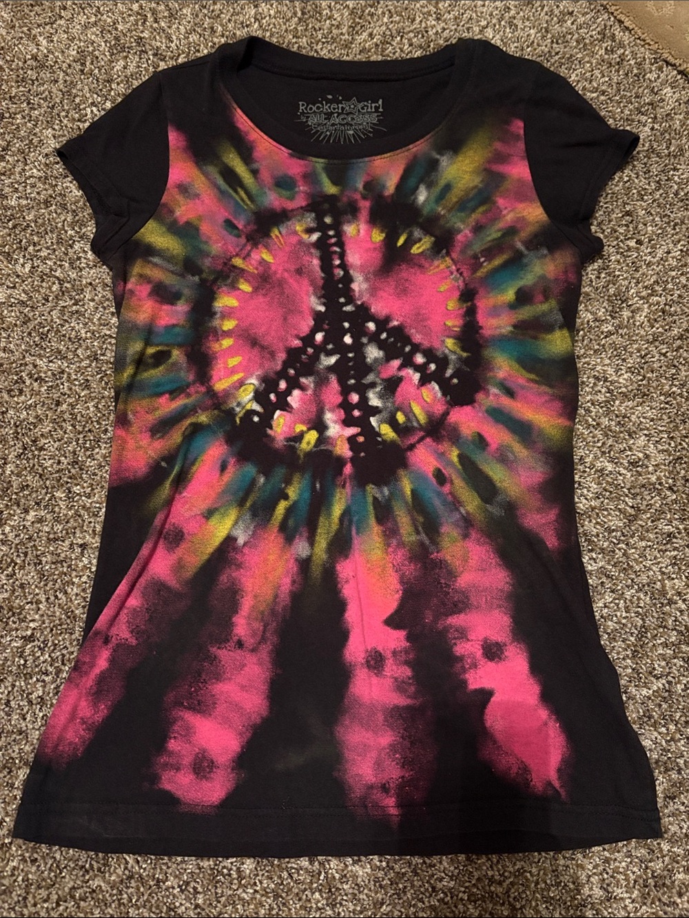 Tie-Dye Peace Sign Tee in Black, Pink, Yellow & Teal Rocker Girl